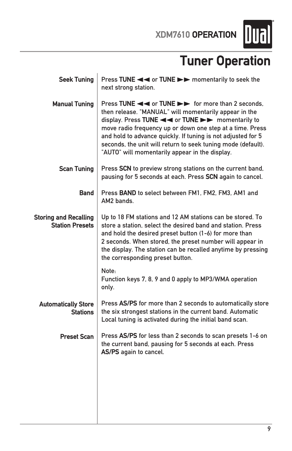 Tuner operation | Dual XDM7610 User Manual | Page 9 / 20