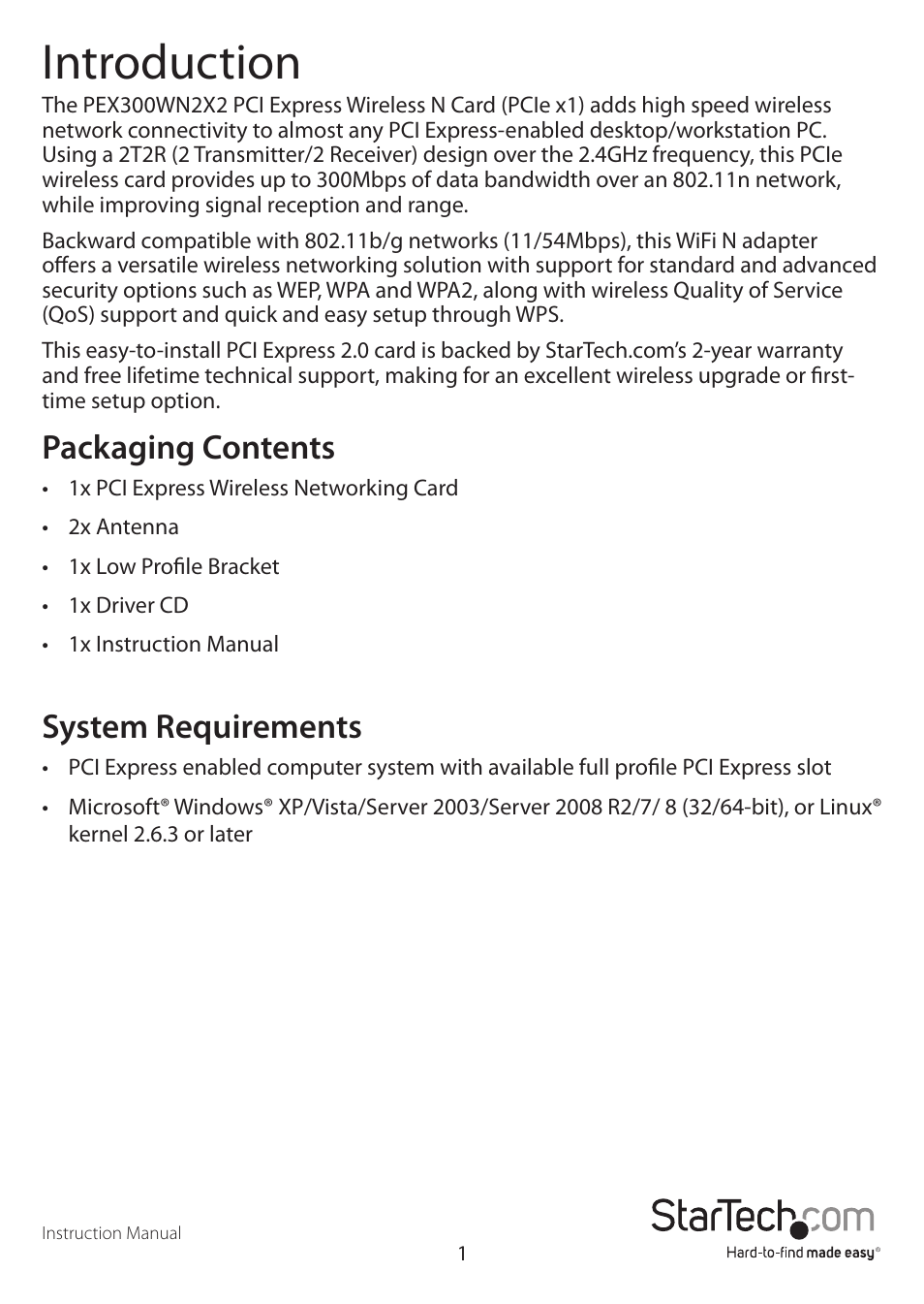 Introduction, Packaging contents, System requirements | StarTech.com 300 Mb/s PCIe 802.11 b/g/n Wireless Network Adapter User Manual | Page 4 / 16