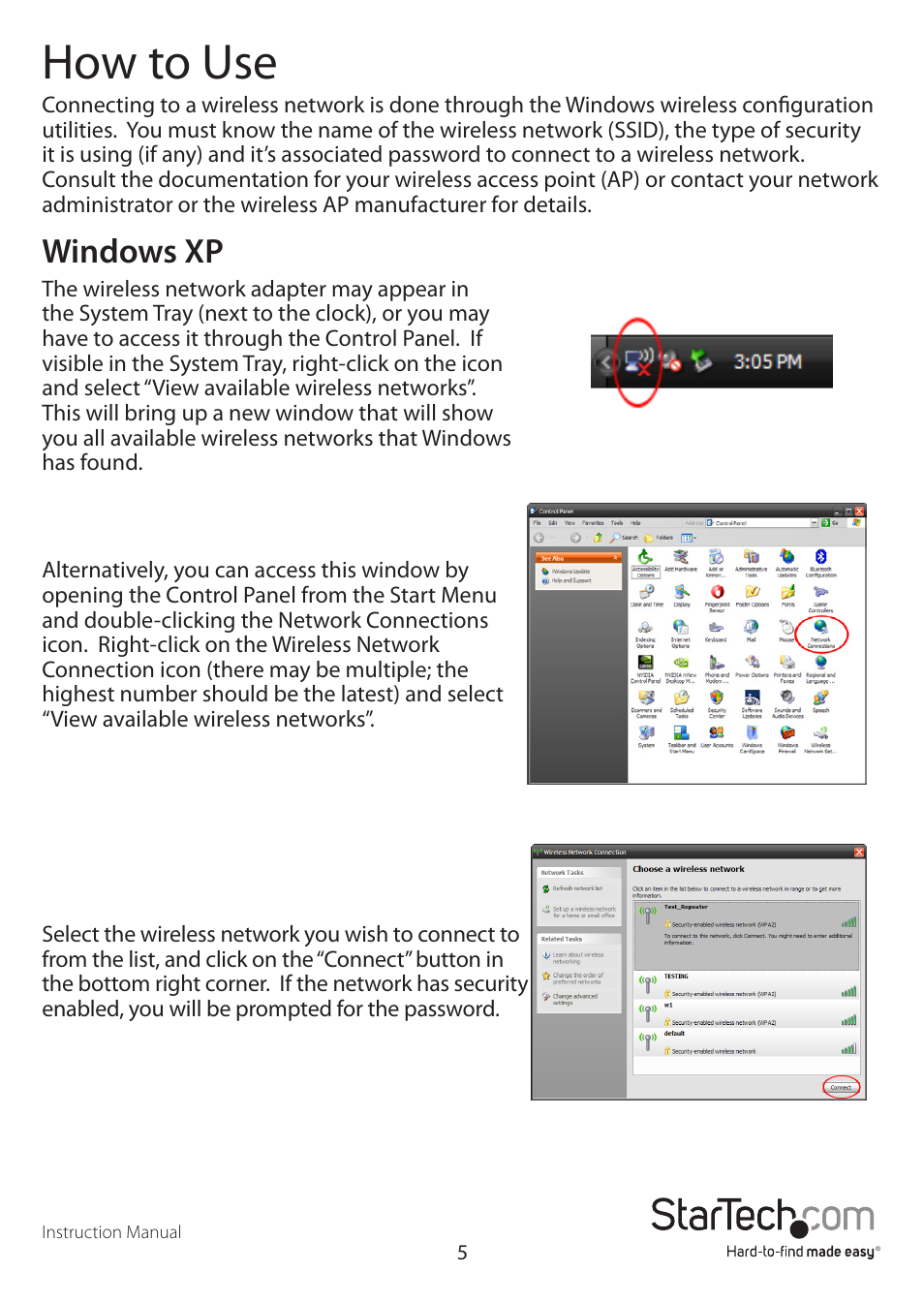 How to use, Windows xp | StarTech.com 300 Mb/s PCIe 802.11 b/g/n Wireless Network Adapter User Manual | Page 8 / 16