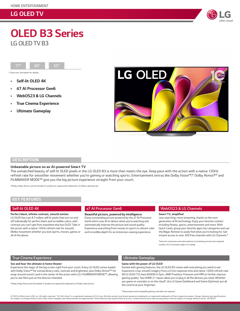 LG B3 65" 4K HDR Smart OLED TV User Manual | 3 pages