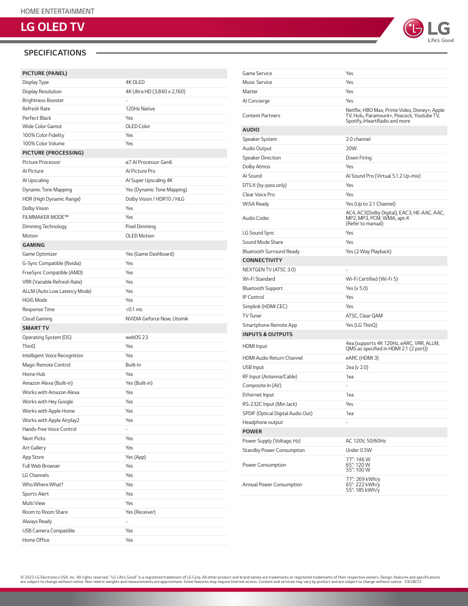 Lg oled tv, Specifications, Home entertainment | LG B3 65" 4K HDR Smart OLED TV User Manual | Page 2 / 3