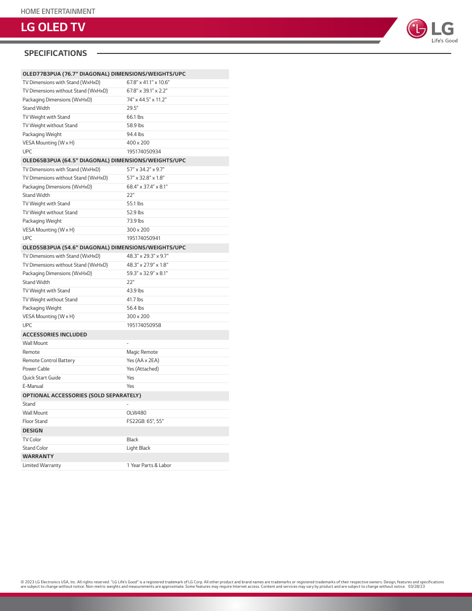 Lg oled tv, Specifications, Home entertainment | LG B3 65" 4K HDR Smart OLED TV User Manual | Page 3 / 3
