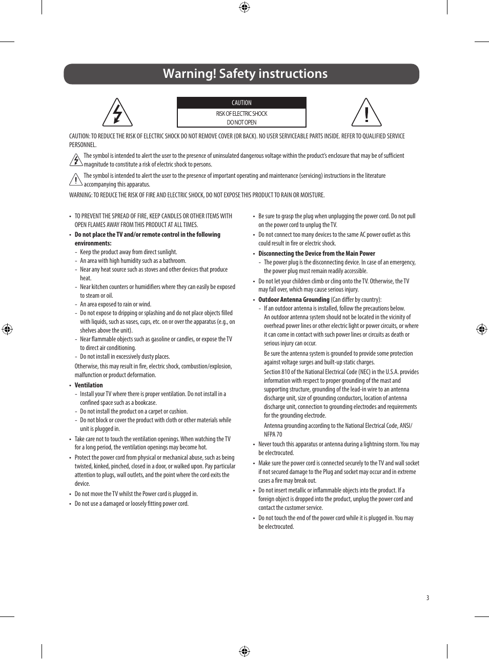 Warning! safety instructions | LG B3 65" 4K HDR Smart OLED TV User Manual | Page 3 / 29