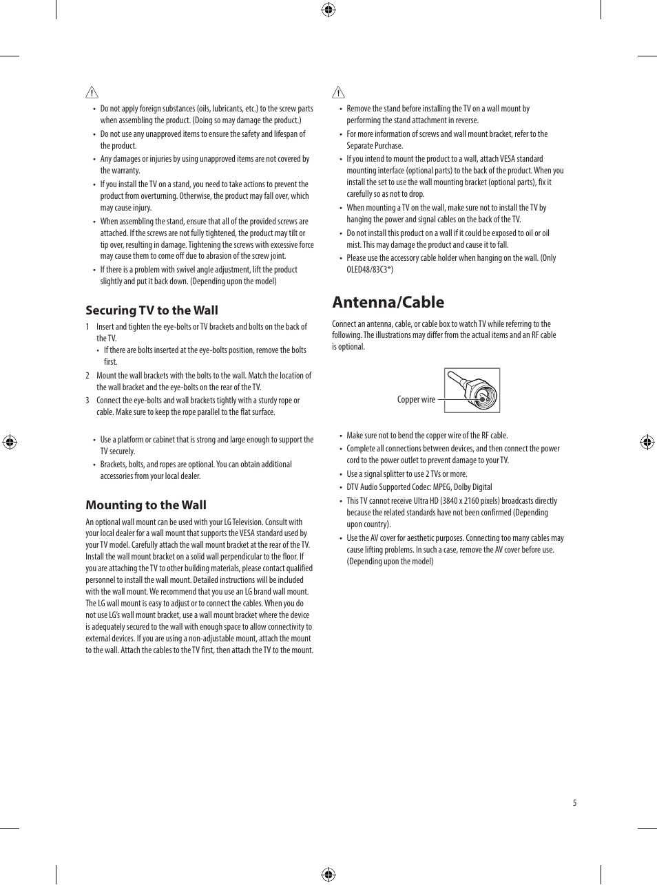 Antenna/cable, Securing tv to the wall, Mounting to the wall | LG B3 65" 4K HDR Smart OLED TV User Manual | Page 5 / 29