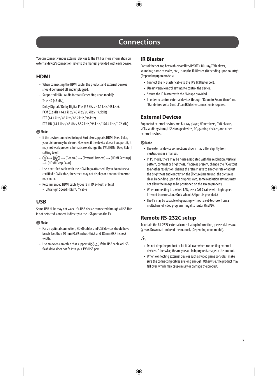 Connections, Hdmi, Ir blaster | External devices, Remote rs-232c setup | LG B3 65" 4K HDR Smart OLED TV User Manual | Page 7 / 29