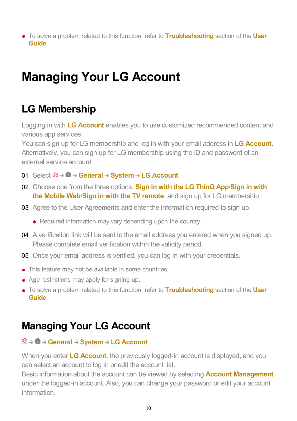 Managing your lg account, Lg membership | LG UQ7570PUJ 50" 4K HDR Smart LED TV User Manual | Page 10 / 133