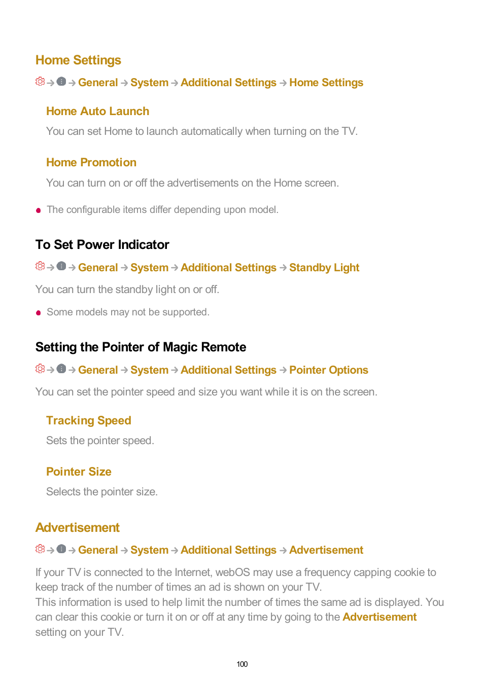 Home settings, To set power indicator, Setting the pointer of magic remote | Advertisement | LG UQ7570PUJ 50" 4K HDR Smart LED TV User Manual | Page 100 / 133