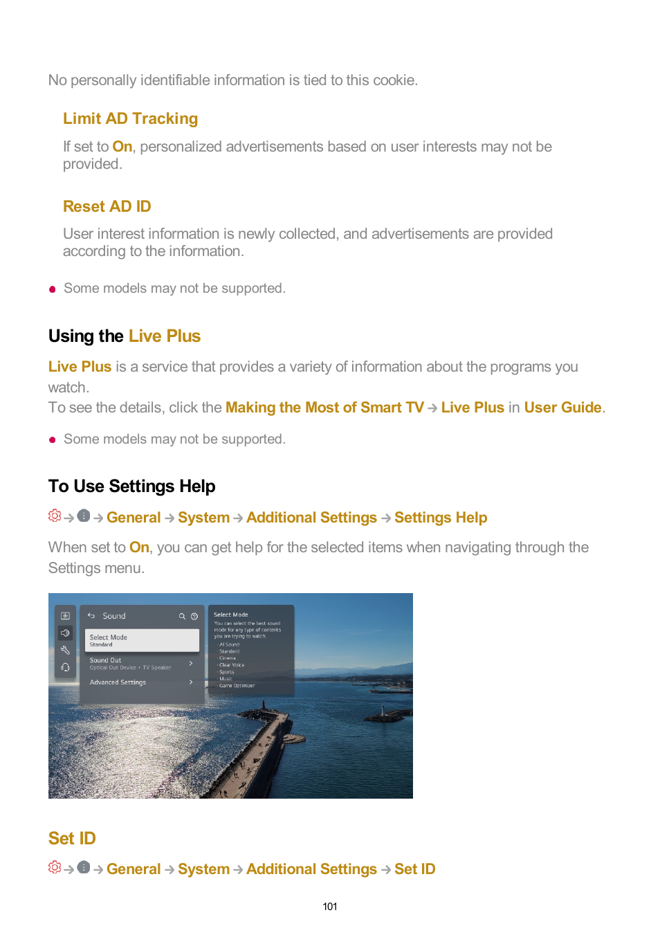 Using the live plus, To use settings help, Set id | LG UQ7570PUJ 50" 4K HDR Smart LED TV User Manual | Page 101 / 133