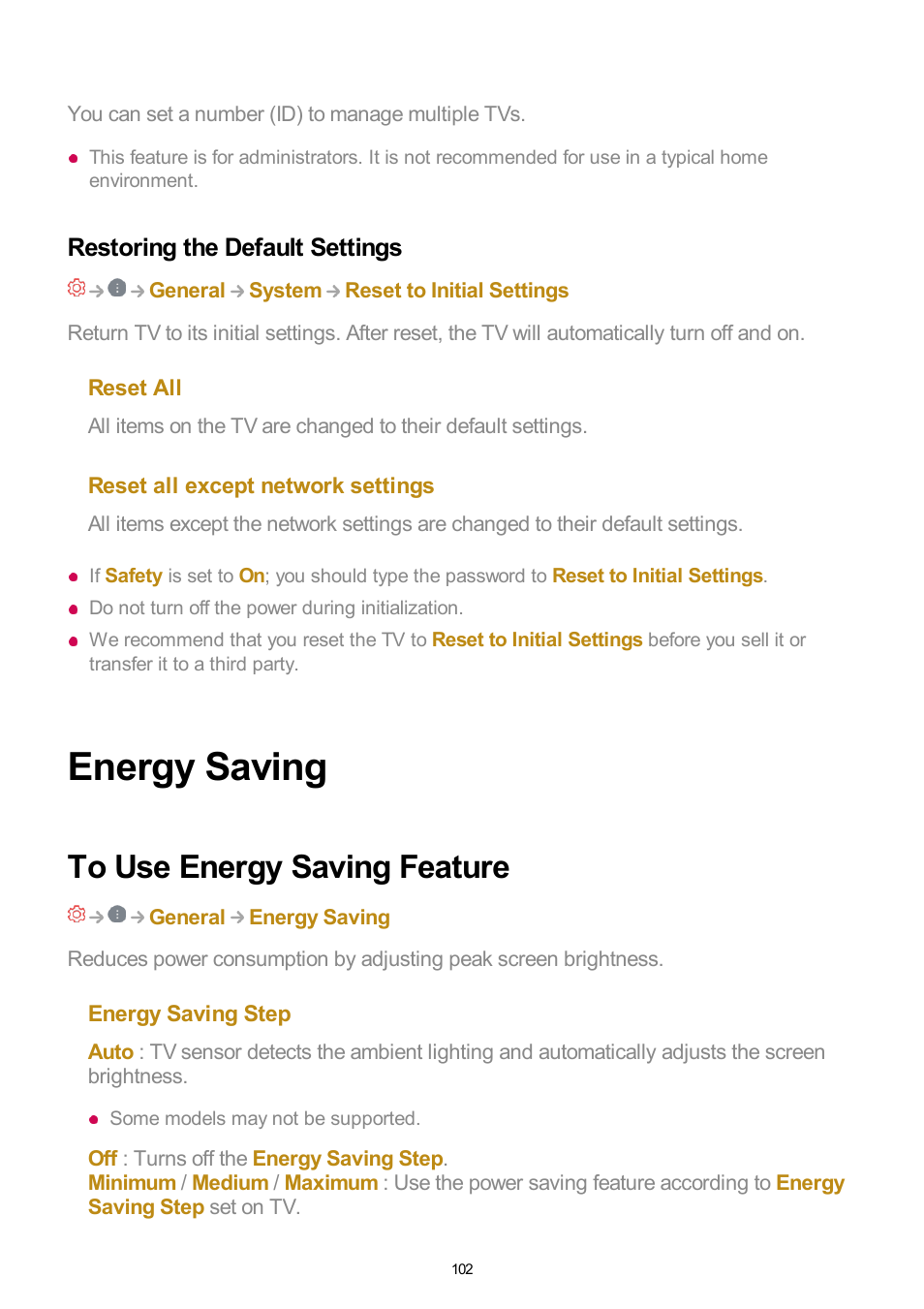 Restoring the default settings, Energy saving, To use energy saving feature | LG UQ7570PUJ 50" 4K HDR Smart LED TV User Manual | Page 102 / 133