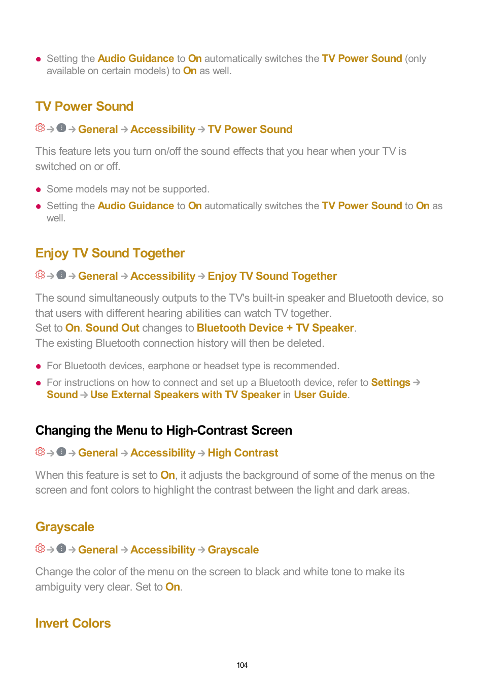 Tv power sound, Enjoy tv sound together, Changing the menu to high-contrast screen | Grayscale, Invert colors | LG UQ7570PUJ 50" 4K HDR Smart LED TV User Manual | Page 104 / 133