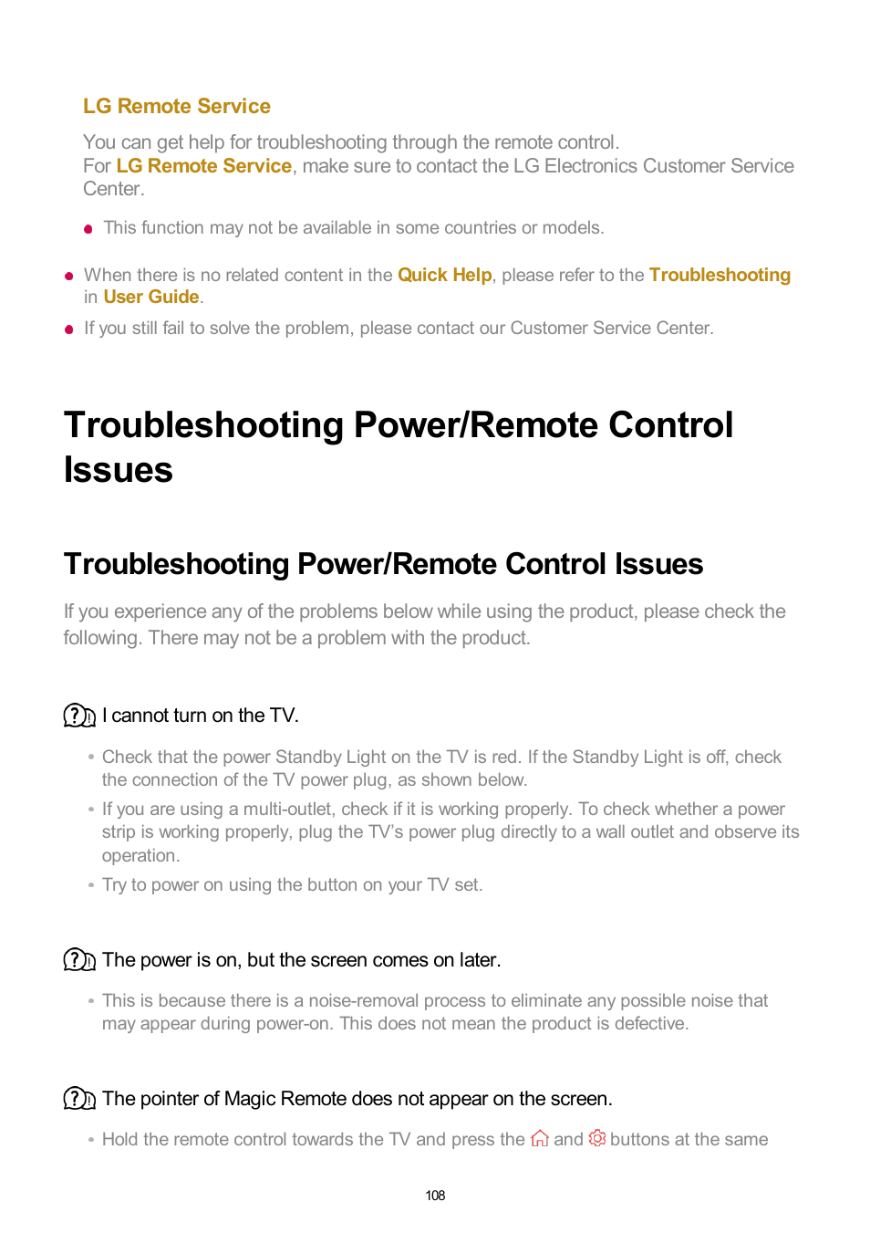 Troubleshooting power/remote control issues | LG UQ7570PUJ 50" 4K HDR Smart LED TV User Manual | Page 108 / 133