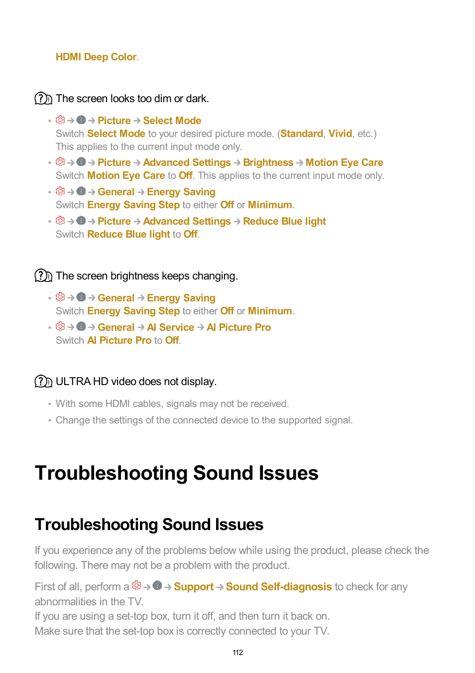 Troubleshooting sound issues | LG UQ7570PUJ 50" 4K HDR Smart LED TV User Manual | Page 112 / 133