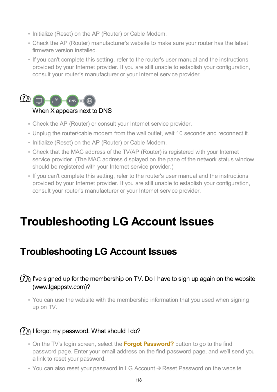 Troubleshooting lg account issues | LG UQ7570PUJ 50" 4K HDR Smart LED TV User Manual | Page 118 / 133