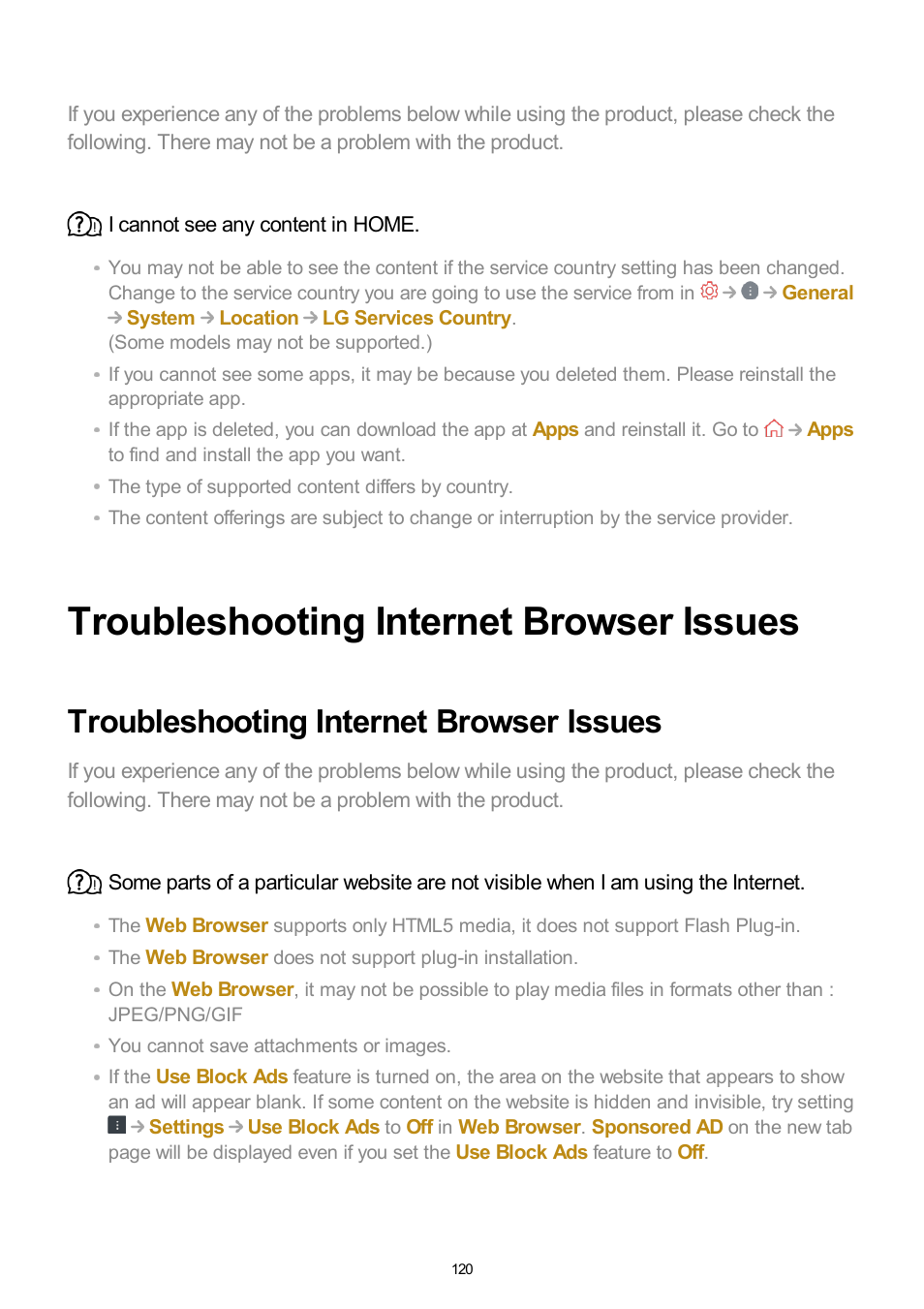 Troubleshooting internet browser issues | LG UQ7570PUJ 50" 4K HDR Smart LED TV User Manual | Page 120 / 133