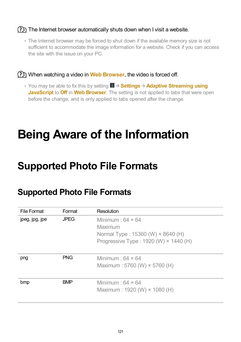 Being aware of the information, Supported photo file formats | LG UQ7570PUJ 50" 4K HDR Smart LED TV User Manual | Page 121 / 133