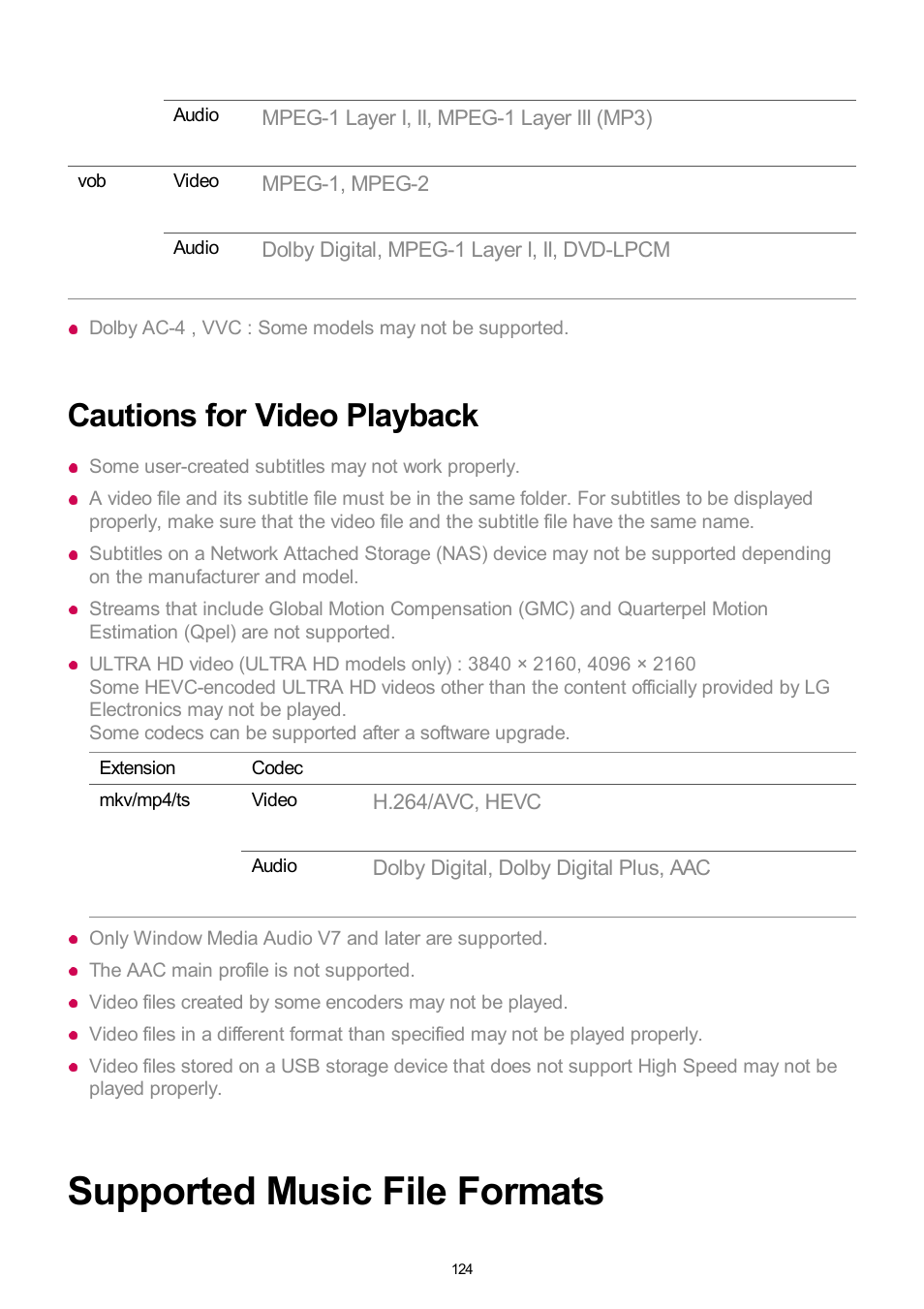 Cautions for video playback, Supported music file formats | LG UQ7570PUJ 50" 4K HDR Smart LED TV User Manual | Page 124 / 133