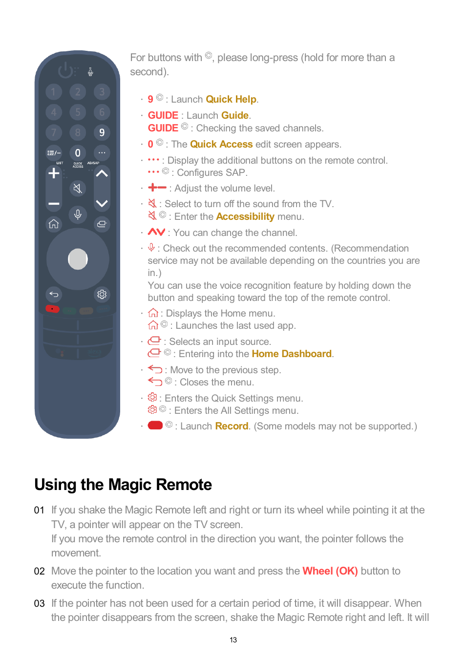 Using the magic remote, Quick help, Guide | Quick access, Accessibility, Home dashboard, Record | LG UQ7570PUJ 50" 4K HDR Smart LED TV User Manual | Page 13 / 133