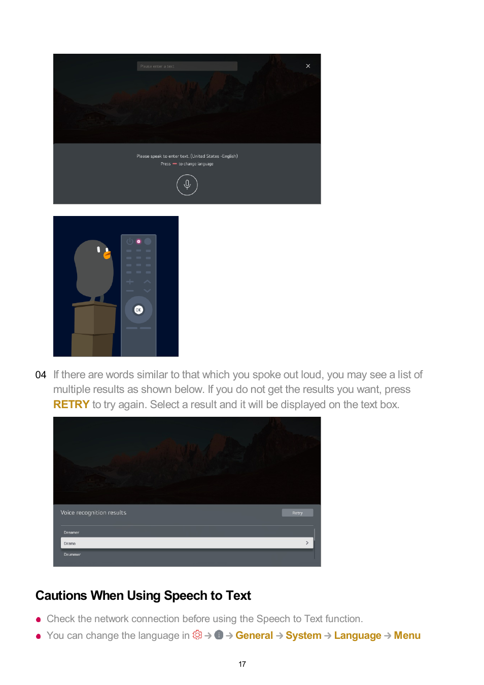 Cautions when using speech to text | LG UQ7570PUJ 50" 4K HDR Smart LED TV User Manual | Page 17 / 133
