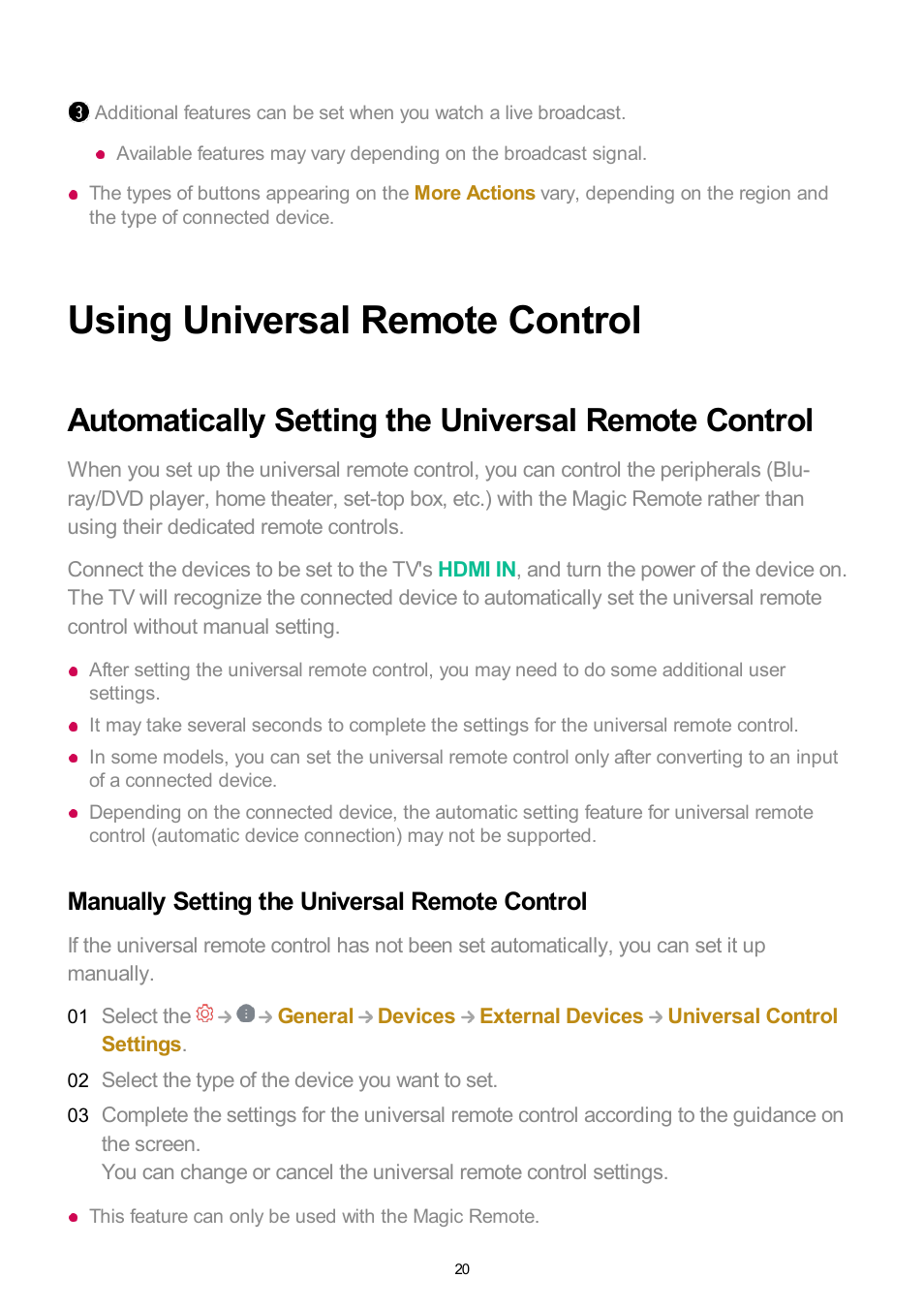 Using universal remote control, Automatically setting the universal remote control, Manually setting the universal remote control | LG UQ7570PUJ 50" 4K HDR Smart LED TV User Manual | Page 20 / 133