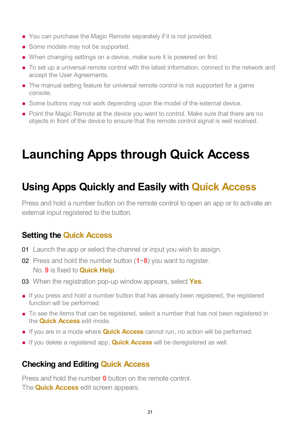 Launching apps through quick access, Using apps quickly and easily with quick access, Setting the quick access | Checking and editing quick access | LG UQ7570PUJ 50" 4K HDR Smart LED TV User Manual | Page 21 / 133