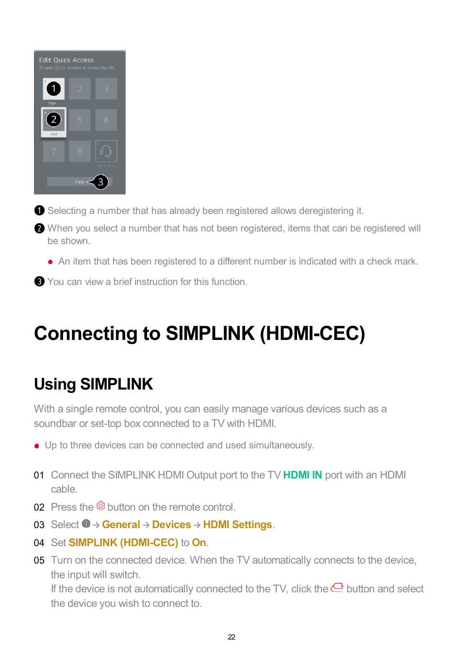 Connecting to simplink (hdmi-cec), Using simplink | LG UQ7570PUJ 50" 4K HDR Smart LED TV User Manual | Page 22 / 133