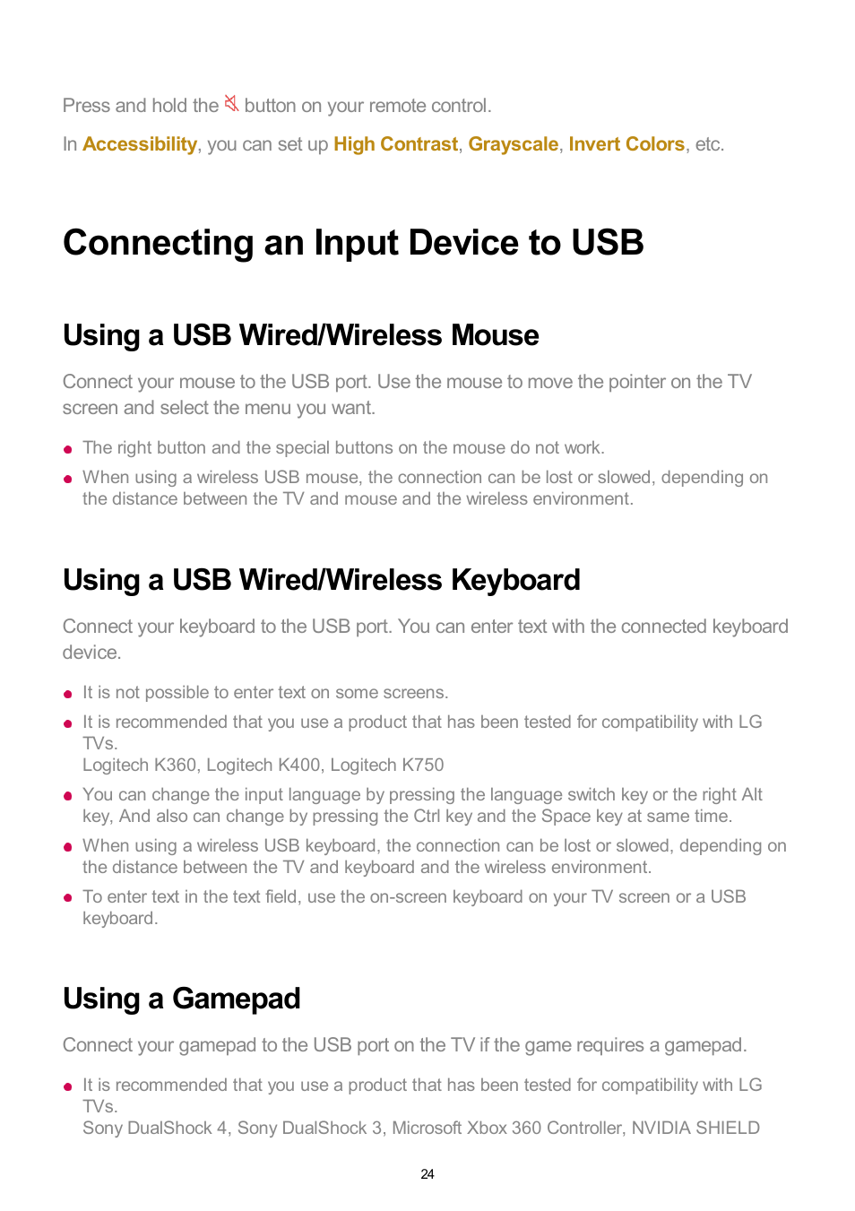 Connecting an input device to usb, Using a usb wired/wireless mouse, Using a usb wired/wireless keyboard | Using a gamepad | LG UQ7570PUJ 50" 4K HDR Smart LED TV User Manual | Page 24 / 133