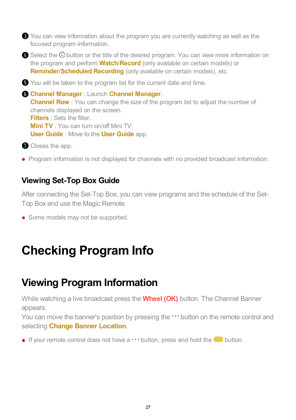 Viewing set-top box guide, Checking program info, Viewing program information | LG UQ7570PUJ 50" 4K HDR Smart LED TV User Manual | Page 27 / 133