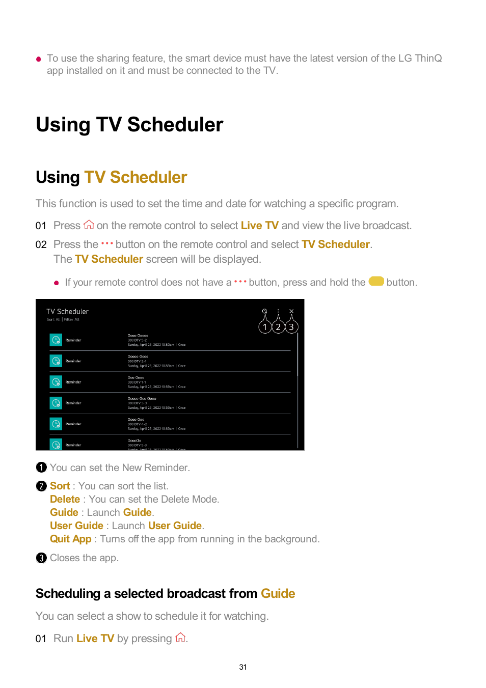 Using tv scheduler, Scheduling a selected broadcast from guide | LG UQ7570PUJ 50" 4K HDR Smart LED TV User Manual | Page 31 / 133