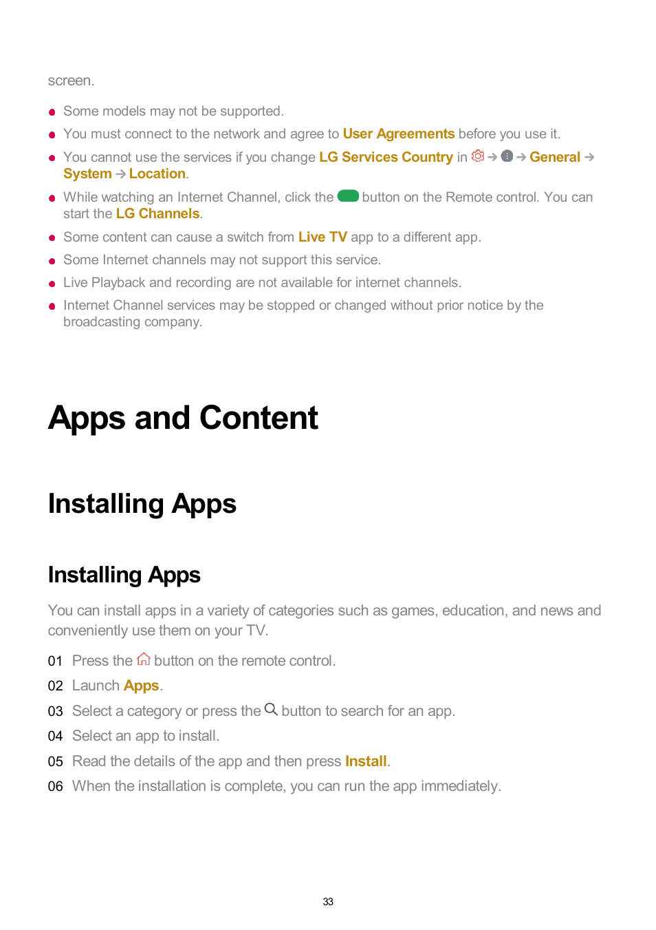 Apps and content, Installing apps | LG UQ7570PUJ 50" 4K HDR Smart LED TV User Manual | Page 33 / 133