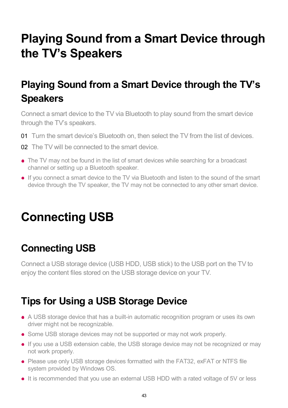 Connecting usb, Tips for using a usb storage device | LG UQ7570PUJ 50" 4K HDR Smart LED TV User Manual | Page 43 / 133