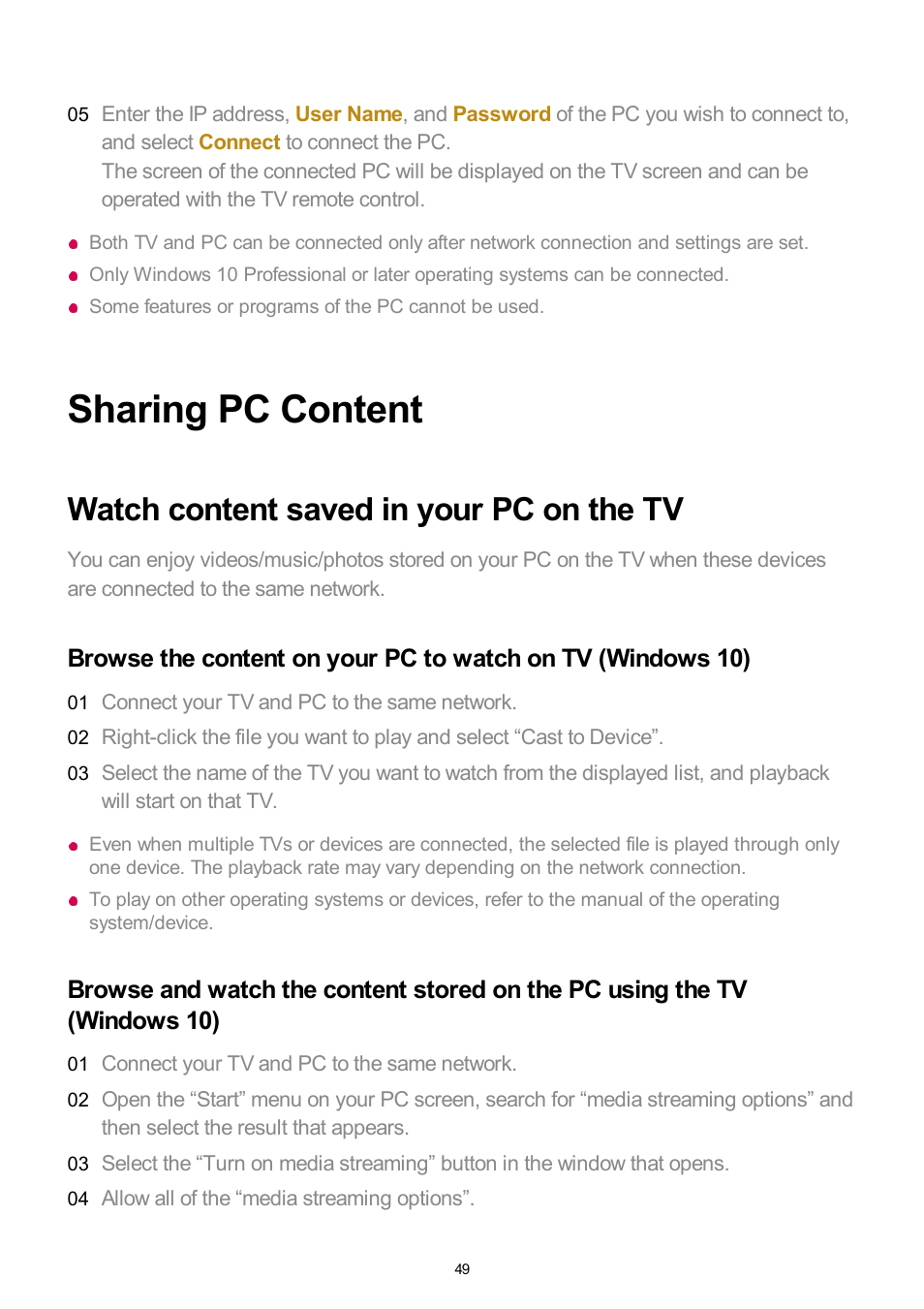 Sharing pc content, Watch content saved in your pc on the tv | LG UQ7570PUJ 50" 4K HDR Smart LED TV User Manual | Page 49 / 133