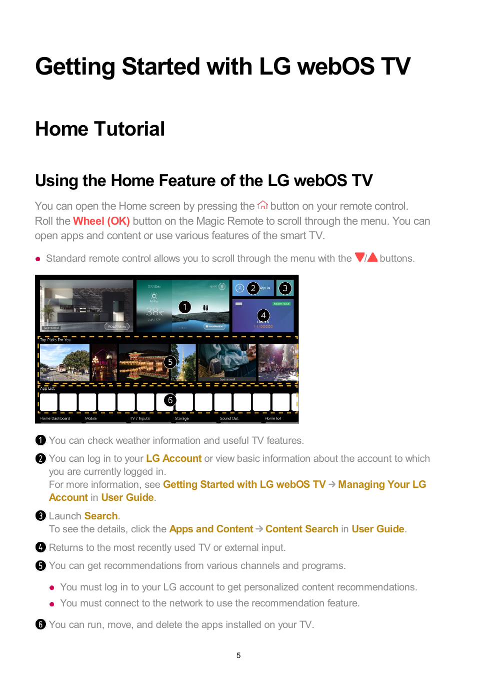 Getting started with lg webos tv, Home tutorial, Using the home feature of the lg webos tv | LG UQ7570PUJ 50" 4K HDR Smart LED TV User Manual | Page 5 / 133