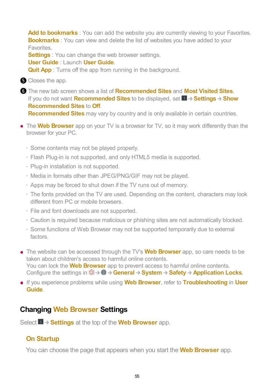 Changing web browser settings, On startup | LG UQ7570PUJ 50" 4K HDR Smart LED TV User Manual | Page 55 / 133