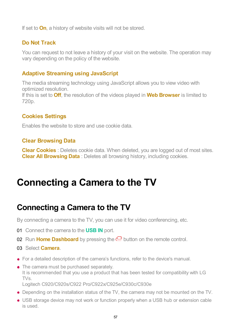 Connecting a camera to the tv | LG UQ7570PUJ 50" 4K HDR Smart LED TV User Manual | Page 57 / 133