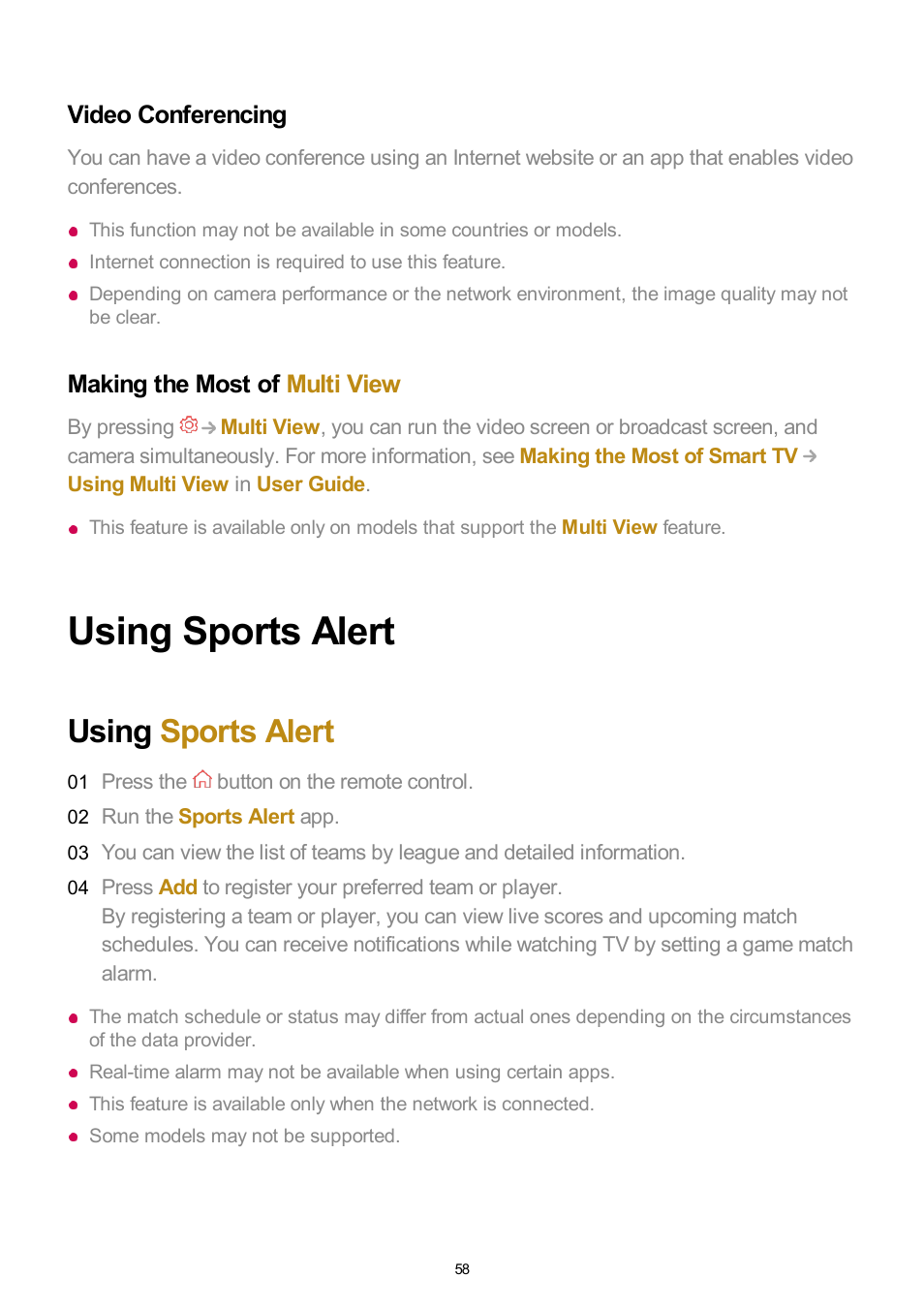 Video conferencing, Making the most of multi view, Using sports alert | LG UQ7570PUJ 50" 4K HDR Smart LED TV User Manual | Page 58 / 133