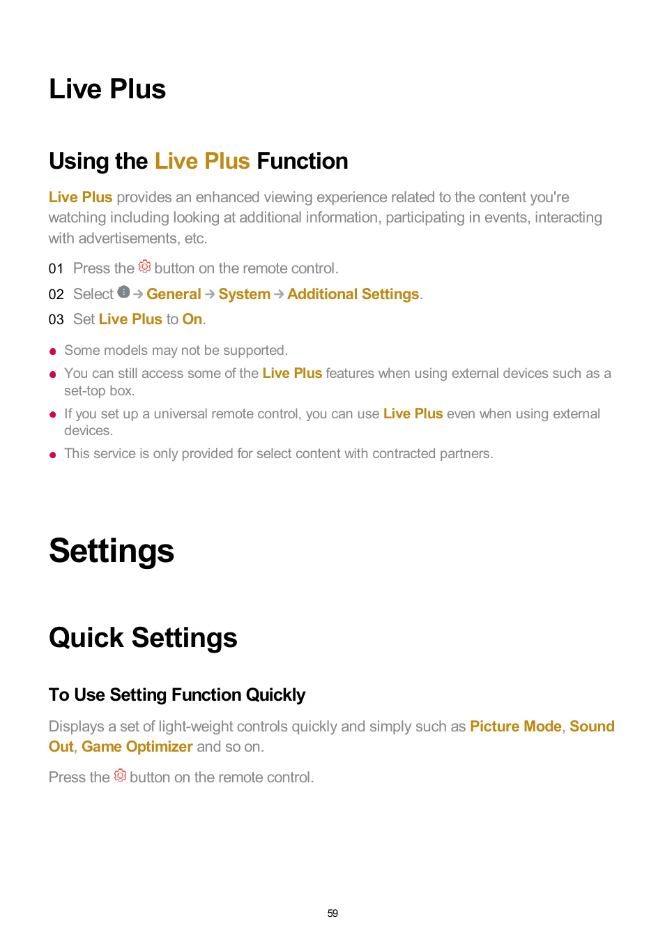 Live plus, Using the live plus function, Settings | Quick settings, To use setting function quickly | LG UQ7570PUJ 50" 4K HDR Smart LED TV User Manual | Page 59 / 133