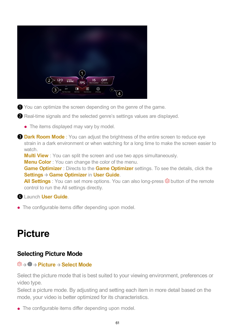 Picture, Selecting picture mode | LG UQ7570PUJ 50" 4K HDR Smart LED TV User Manual | Page 61 / 133