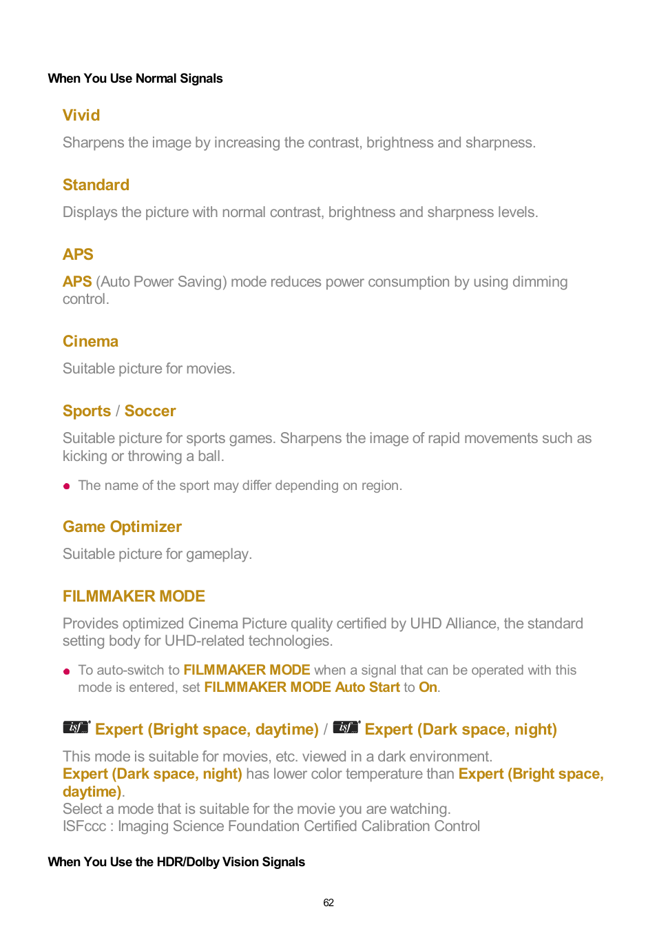 When you use normal signals, When you use the hdr/dolby vision signals | LG UQ7570PUJ 50" 4K HDR Smart LED TV User Manual | Page 62 / 133