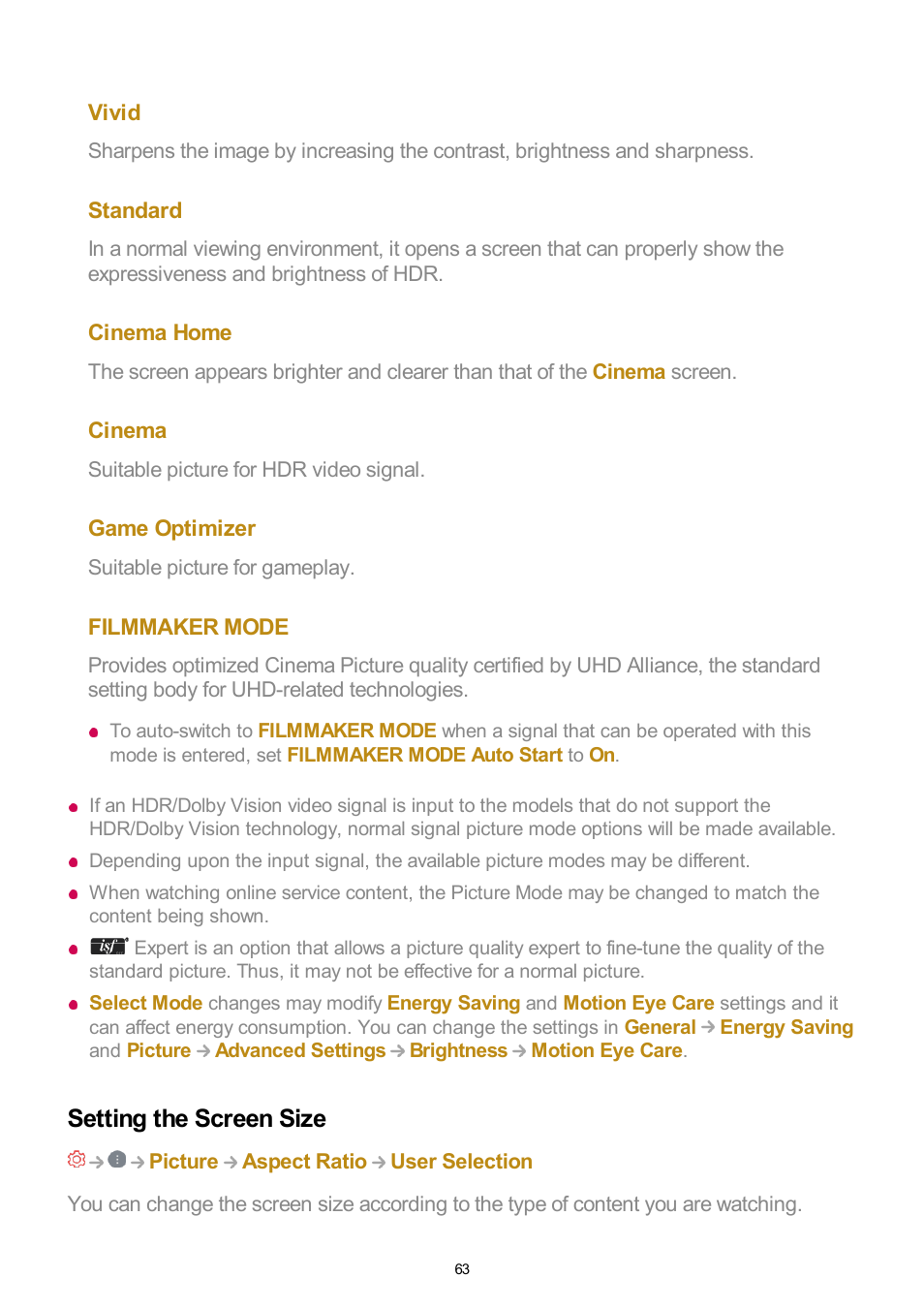 Setting the screen size | LG UQ7570PUJ 50" 4K HDR Smart LED TV User Manual | Page 63 / 133