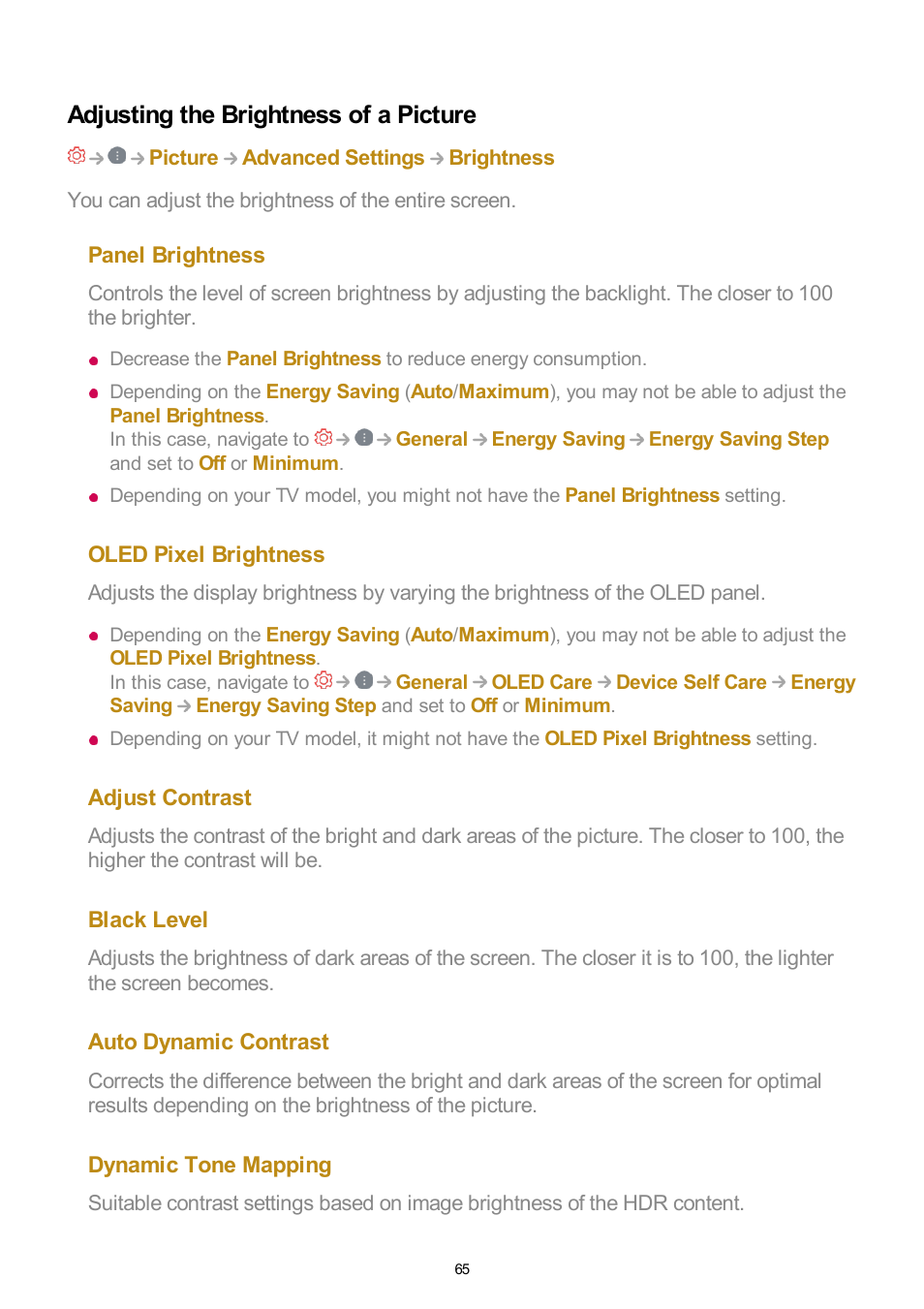 Adjusting the brightness of a picture | LG UQ7570PUJ 50" 4K HDR Smart LED TV User Manual | Page 65 / 133