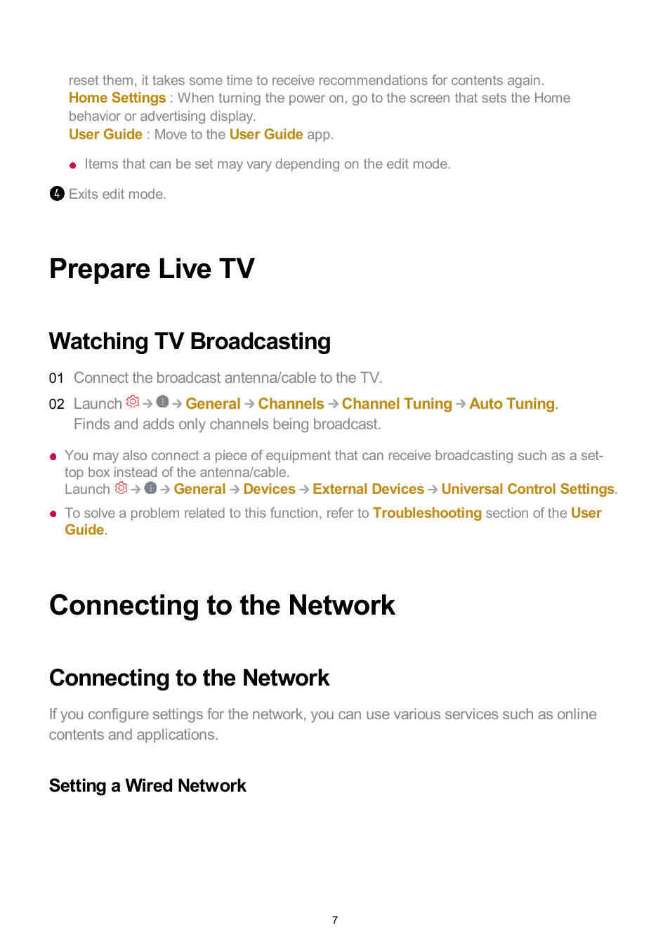 Prepare live tv, Watching tv broadcasting, Connecting to the network | Setting a wired network | LG UQ7570PUJ 50" 4K HDR Smart LED TV User Manual | Page 7 / 133