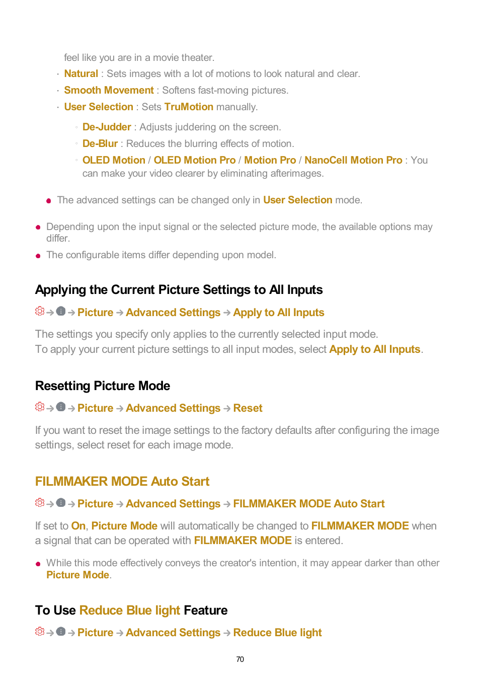 Resetting picture mode, Filmmaker mode auto start, To use reduce blue light feature | LG UQ7570PUJ 50" 4K HDR Smart LED TV User Manual | Page 70 / 133