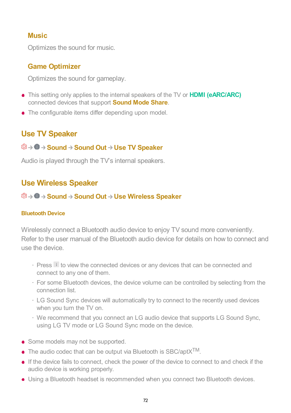 Use tv speaker, Use wireless speaker, Bluetooth device | LG UQ7570PUJ 50" 4K HDR Smart LED TV User Manual | Page 72 / 133