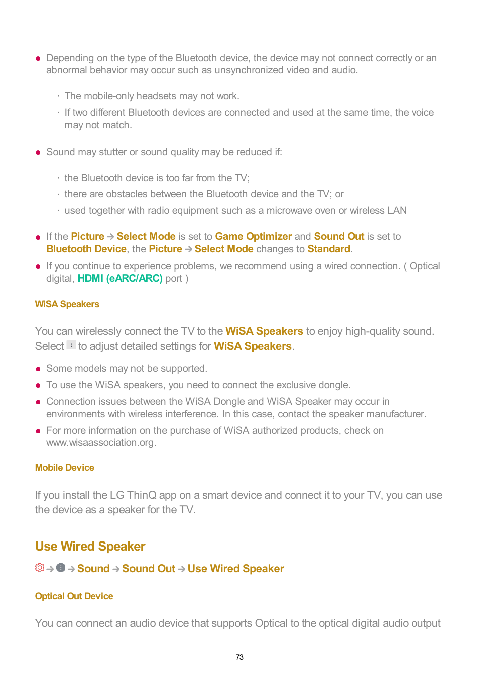 Wisa speakers, Mobile device, Use wired speaker | Optical out device | LG UQ7570PUJ 50" 4K HDR Smart LED TV User Manual | Page 73 / 133