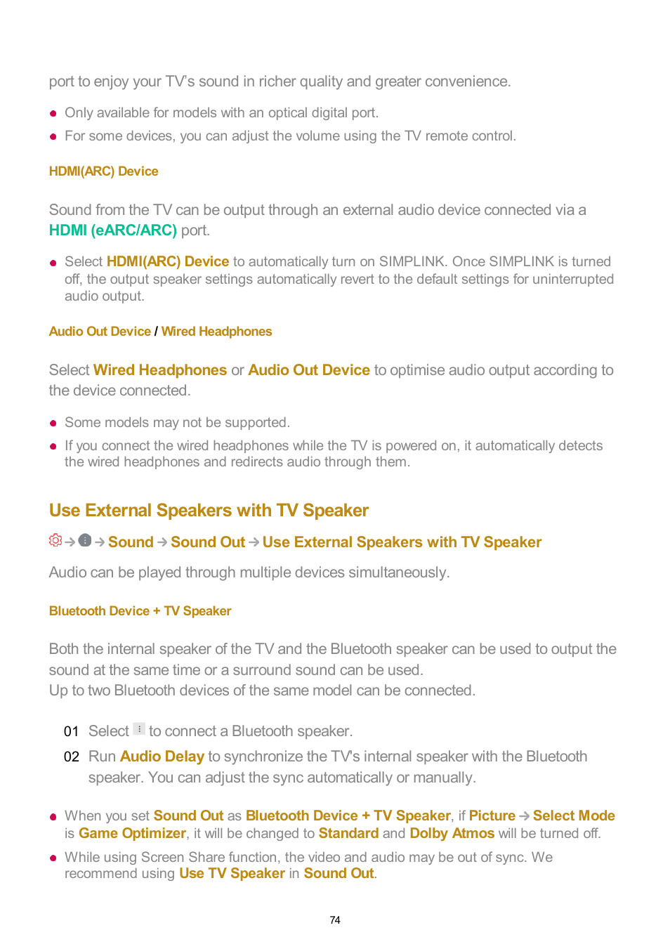 Hdmi(arc) device, Audio out device / wired headphones, Use external speakers with tv speaker | Bluetooth device + tv speaker | LG UQ7570PUJ 50" 4K HDR Smart LED TV User Manual | Page 74 / 133