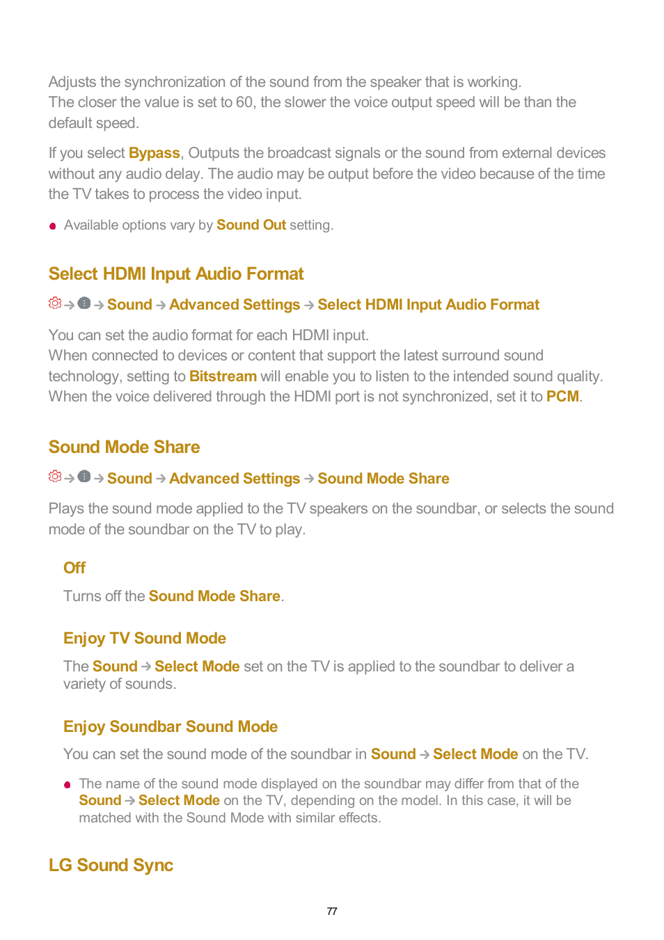 Select hdmi input audio format, Sound mode share, Lg sound sync | LG UQ7570PUJ 50" 4K HDR Smart LED TV User Manual | Page 77 / 133