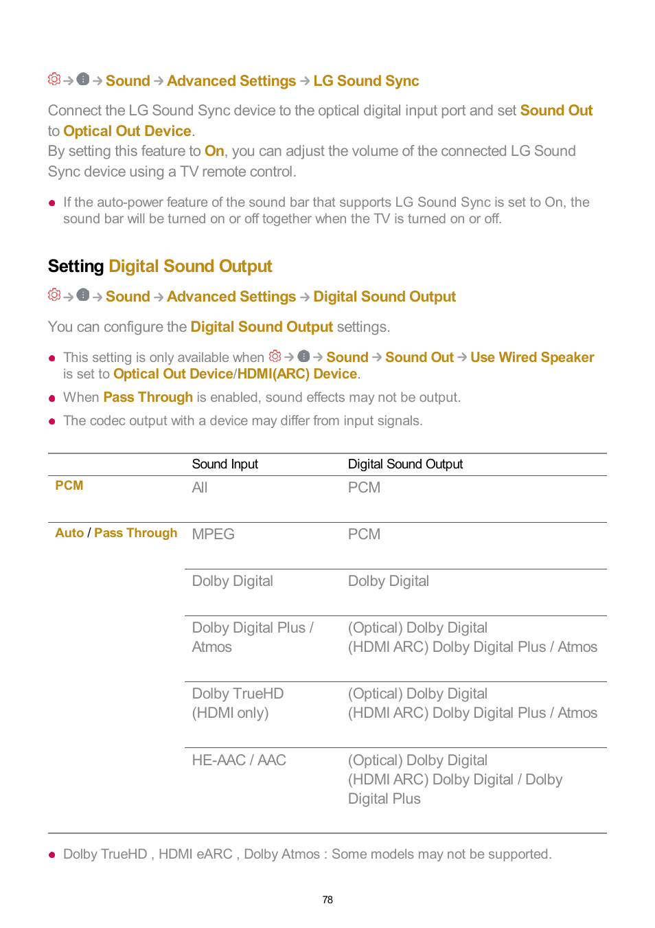 Setting digital sound output | LG UQ7570PUJ 50" 4K HDR Smart LED TV User Manual | Page 78 / 133