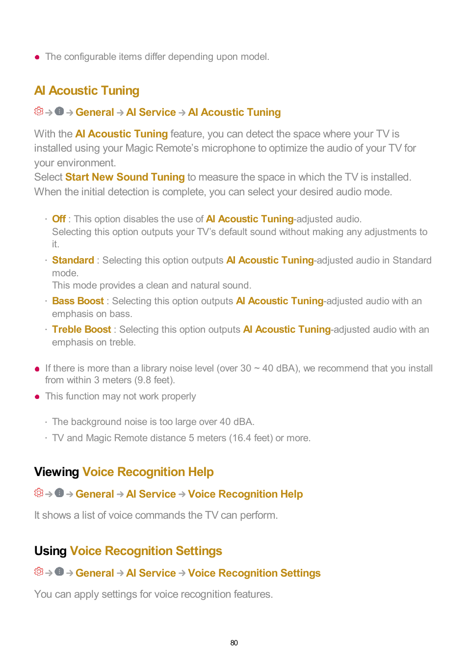 Ai acoustic tuning, Viewing voice recognition help, Using voice recognition settings | LG UQ7570PUJ 50" 4K HDR Smart LED TV User Manual | Page 80 / 133