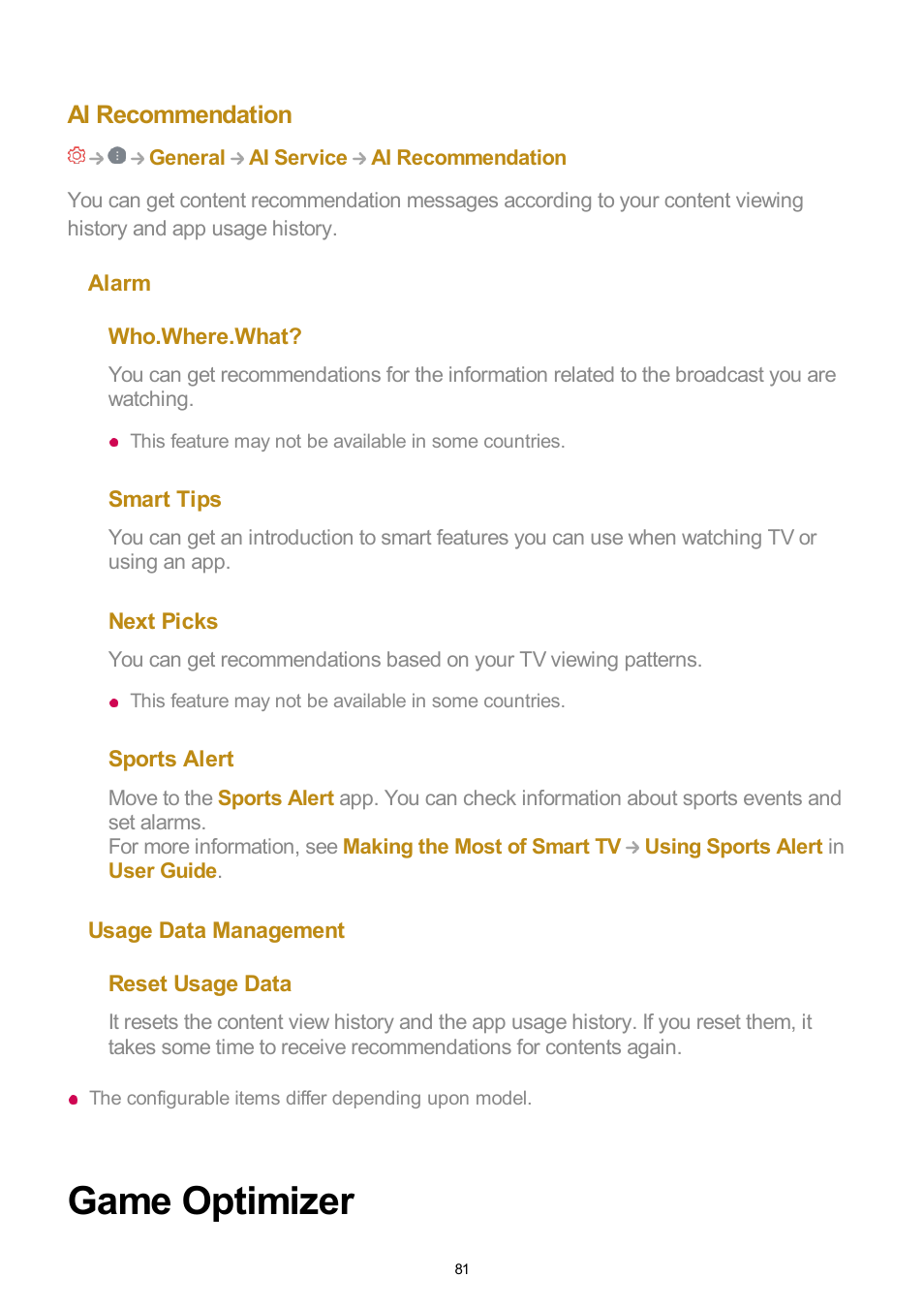 Ai recommendation, Game optimizer | LG UQ7570PUJ 50" 4K HDR Smart LED TV User Manual | Page 81 / 133