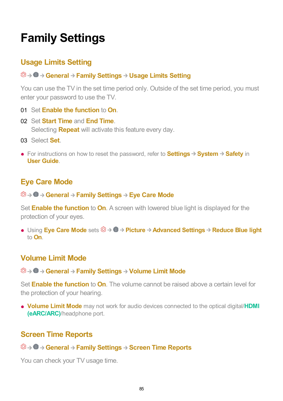 Family settings, Usage limits setting, Eye care mode | Volume limit mode, Screen time reports | LG UQ7570PUJ 50" 4K HDR Smart LED TV User Manual | Page 85 / 133